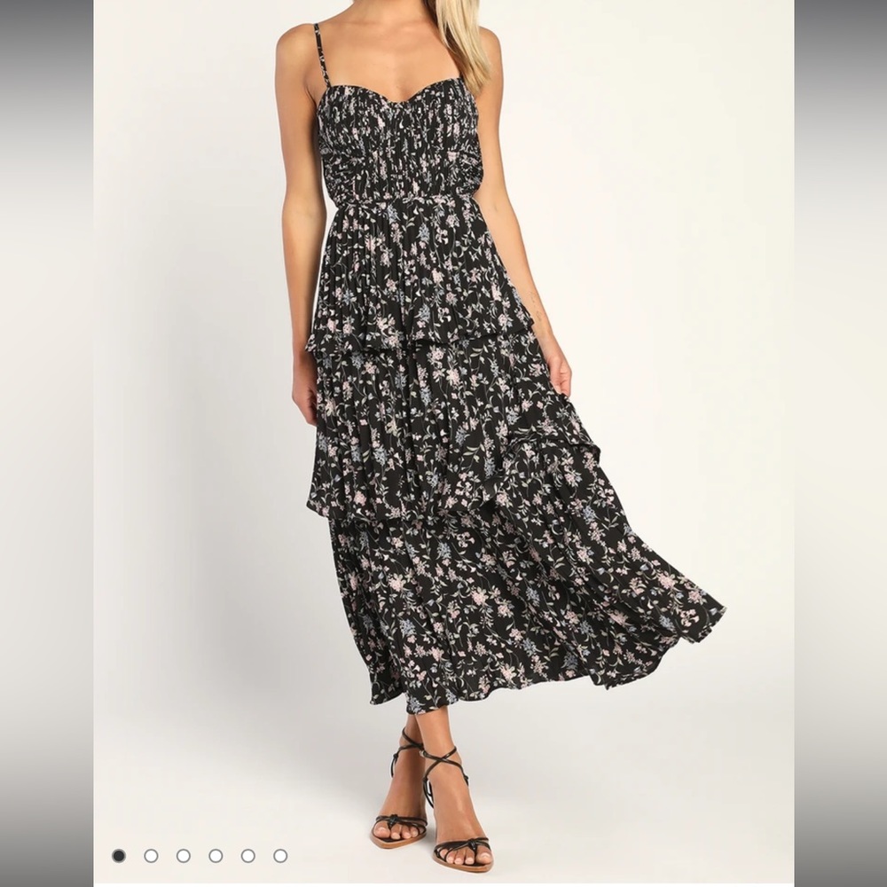 Cascading Crush Black Floral Print Tiered Bustier Midi Dress, M